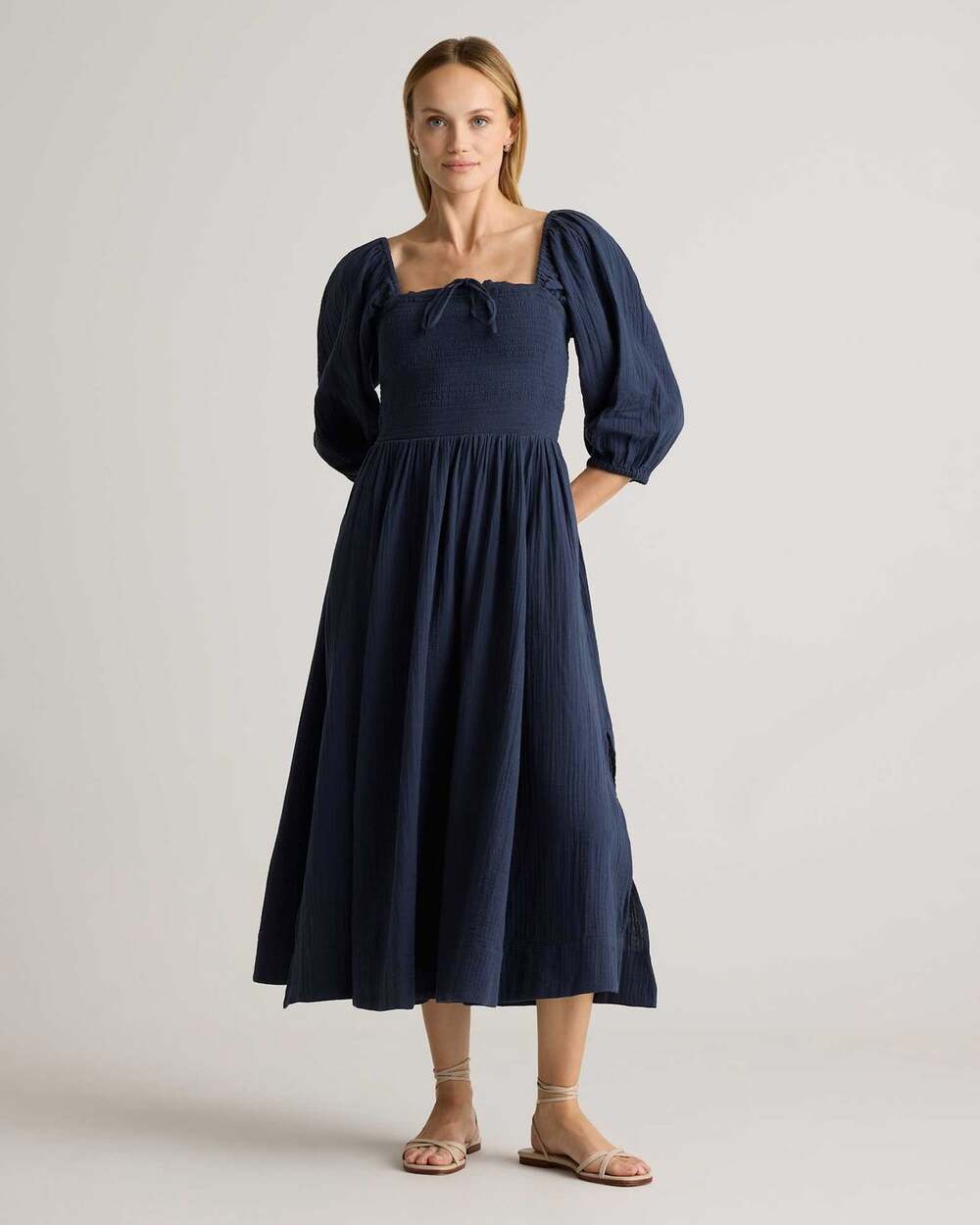 NWT Quince Cotton Gauze Smocked Square Neck Midi Dress Indigo Blue Large L